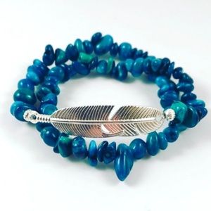 Blue coral bracelet . Coral wrap around silver feather leaf charm boho bracelet